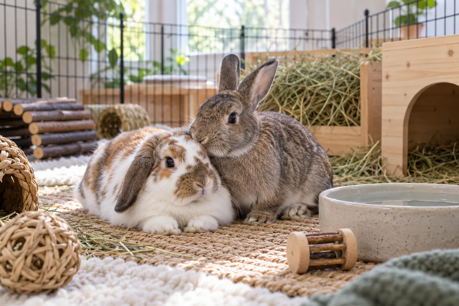 Two pet rabbits relaxing in a spacious indoor pen with hay